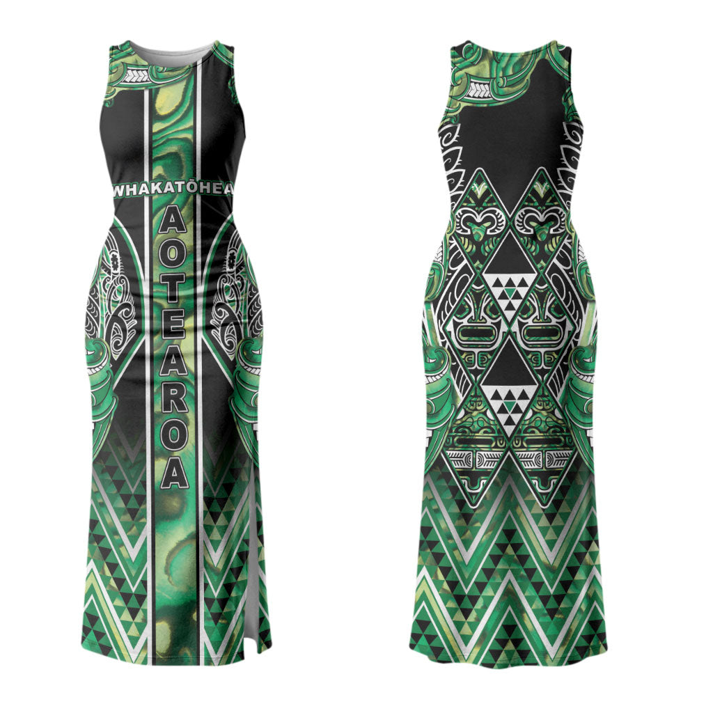 Aotearoa Whakatohea Couples Matching Tank Maxi Dress and Long Sleeve Button Shirt Maori Tribal Green Abalone Paua Shell Pattern DT05 - Polynesian Pride