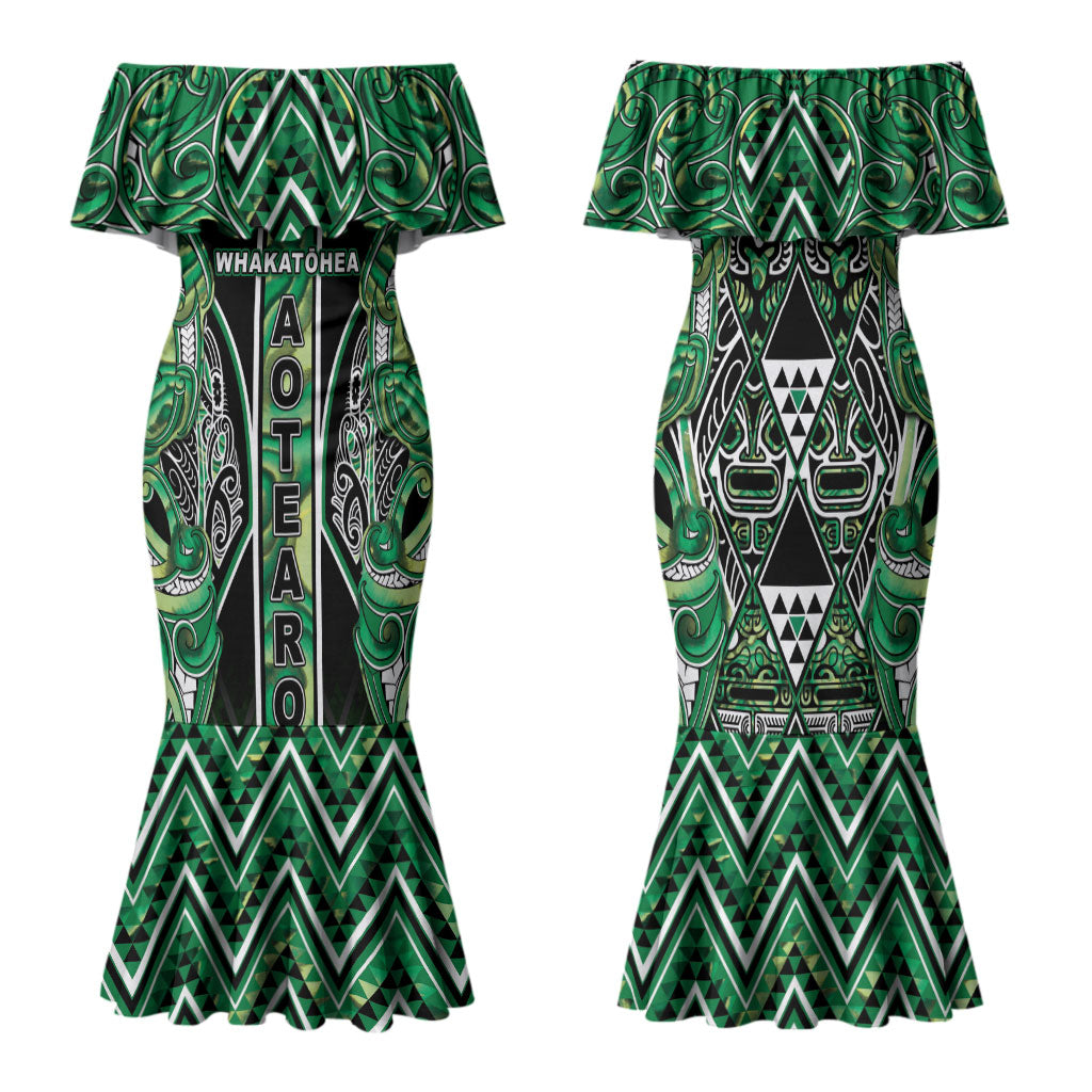 Aotearoa Whakatohea Family Matching Mermaid Dress and Hawaiian Shirt Maori Tribal Green Abalone Paua Shell Pattern DT05 Mom's Dress Green - Polynesian Pride