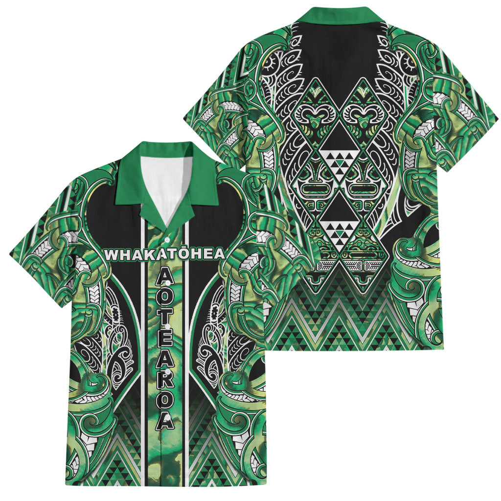Aotearoa Whakatohea Family Matching Mermaid Dress and Hawaiian Shirt Maori Tribal Green Abalone Paua Shell Pattern DT05 Dad's Shirt - Short Sleeve Green - Polynesian Pride
