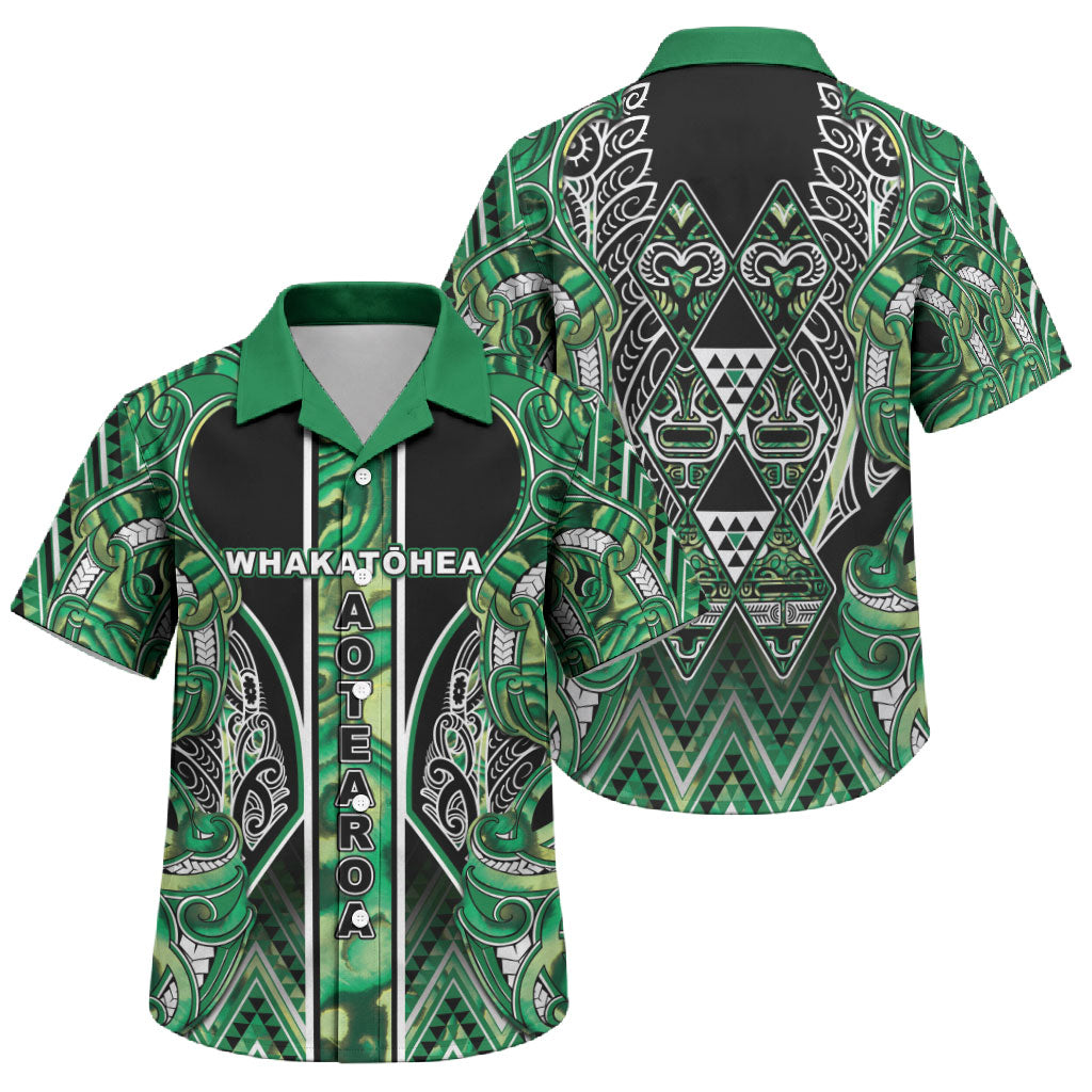 Aotearoa Whakatohea Family Matching Off Shoulder Short Dress and Hawaiian Shirt Maori Tribal Green Abalone Paua Shell Pattern DT05 Son's Shirt Green - Polynesian Pride