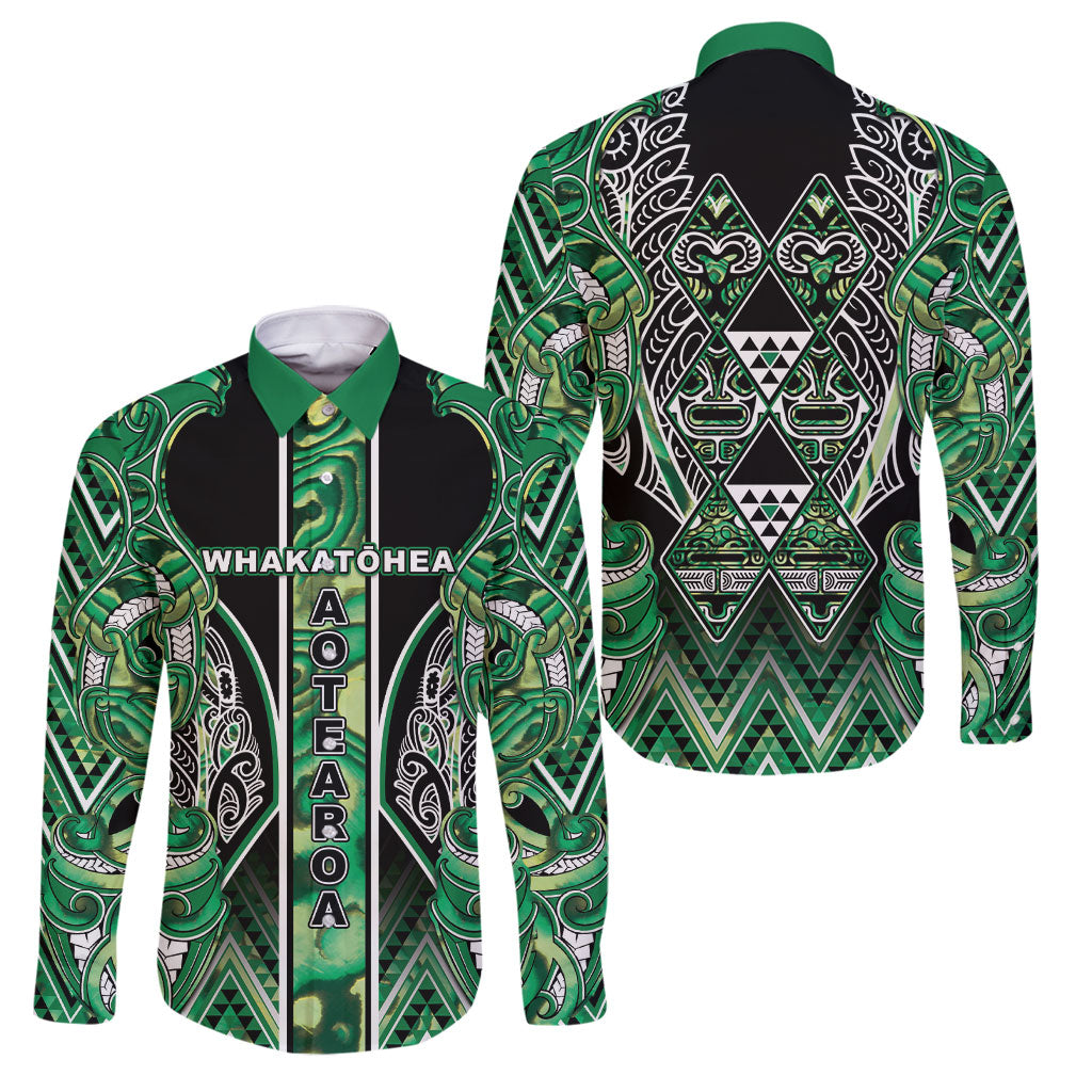 Aotearoa Whakatohea Family Matching Summer Maxi Dress and Hawaiian Shirt Maori Tribal Green Abalone Paua Shell Pattern DT05 Dad's Shirt - Long Sleeve Green - Polynesian Pride