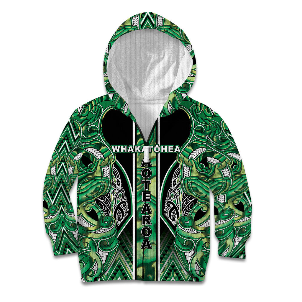Aotearoa Whakatohea Kid Hoodie Maori Tribal Green Abalone Paua Shell Pattern DT05 Zip Hoodie Green - Polynesian Pride