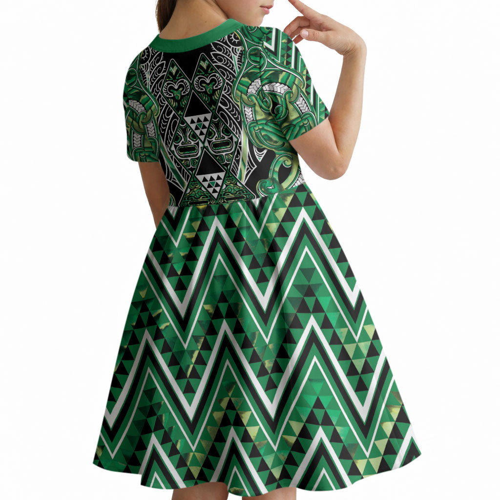 Aotearoa Whakatohea Kid Short Sleeve Dress Maori Tribal Green Abalone Paua Shell Pattern DT05 - Polynesian Pride