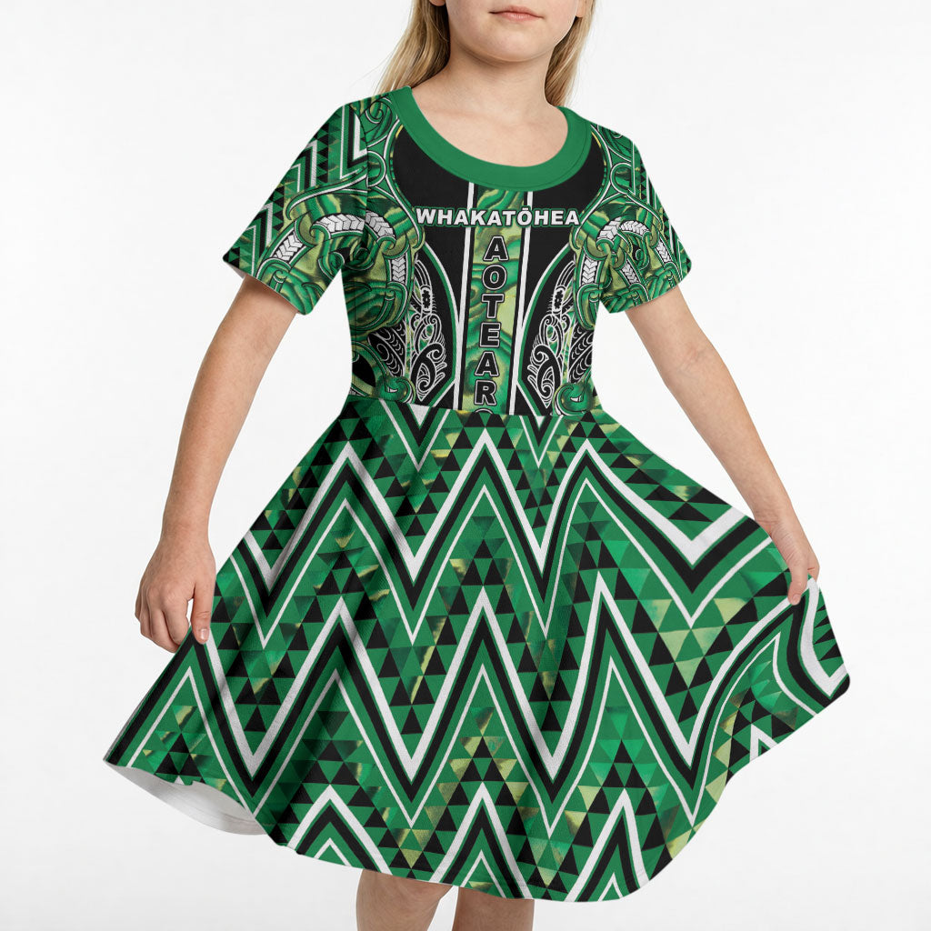 Aotearoa Whakatohea Kid Short Sleeve Dress Maori Tribal Green Abalone Paua Shell Pattern DT05 - Polynesian Pride