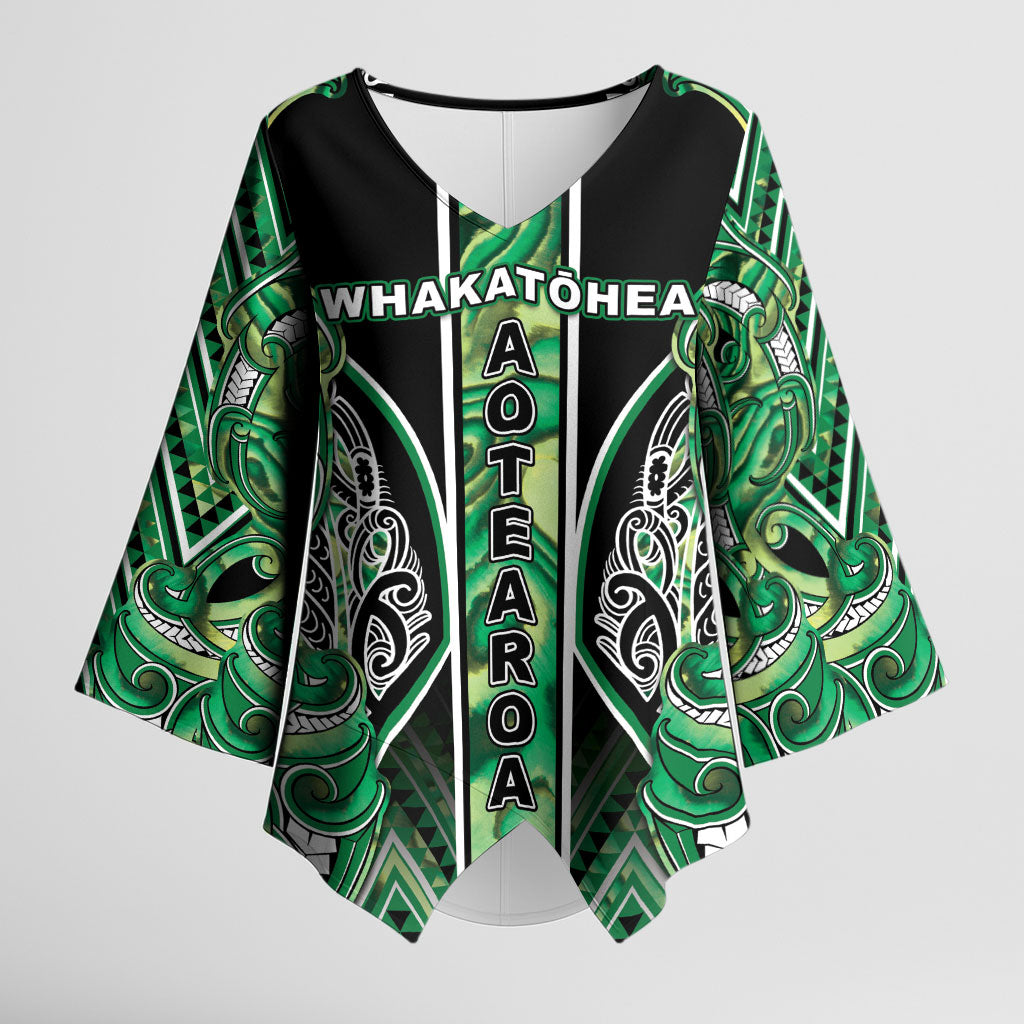 Aotearoa Whakatohea Kimono Sleeve Blouse Maori Tribal Green Abalone Paua Shell Pattern DT05 Female Green - Polynesian Pride