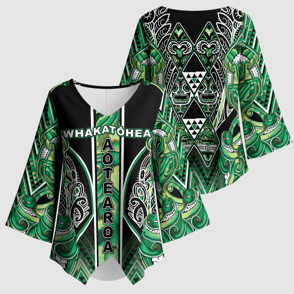 Aotearoa Whakatohea Kimono Sleeve Blouse Maori Tribal Green Abalone Paua Shell Pattern DT05 - Polynesian Pride