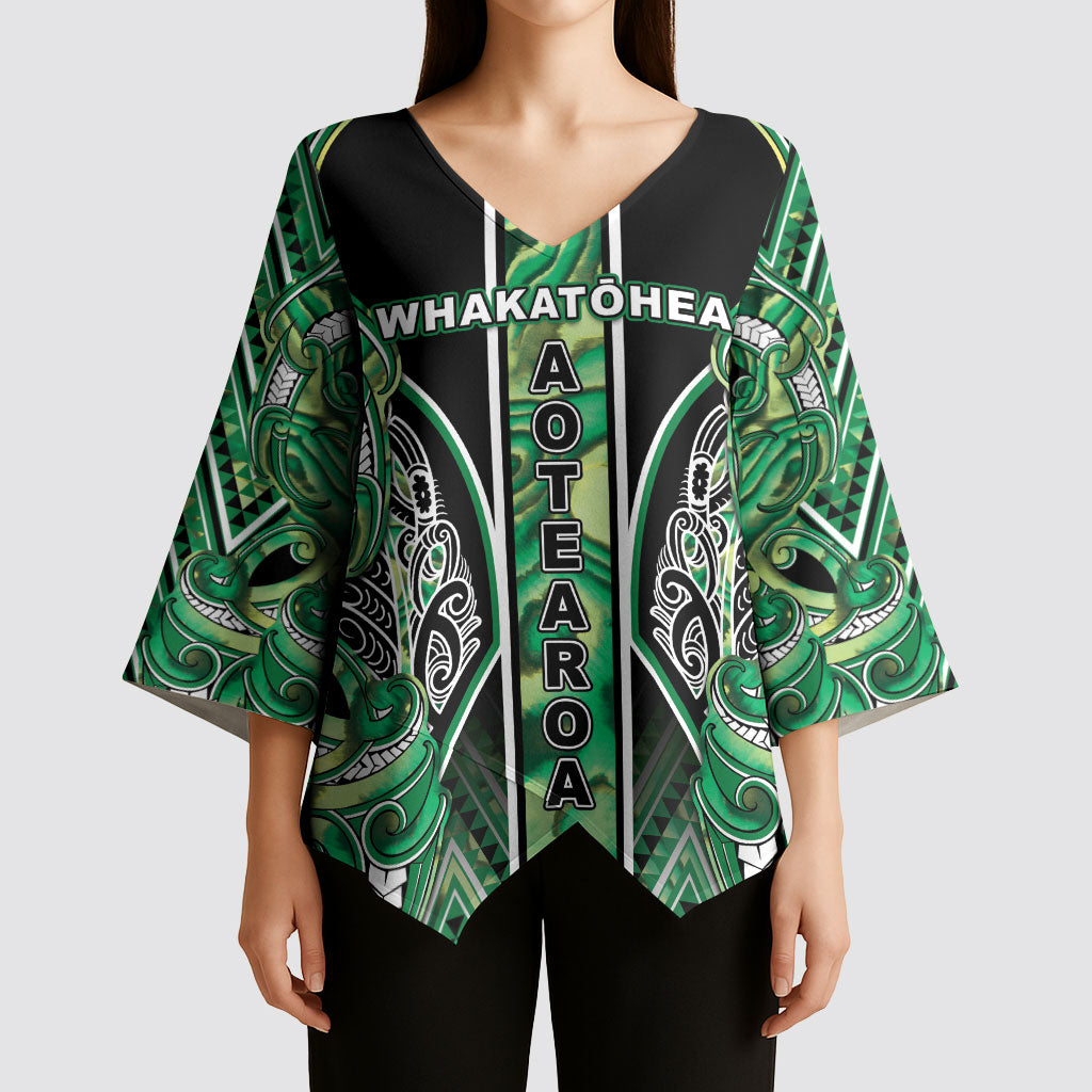 Aotearoa Whakatohea Kimono Sleeve Blouse Maori Tribal Green Abalone Paua Shell Pattern DT05 - Polynesian Pride