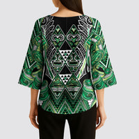 Aotearoa Whakatohea Kimono Sleeve Blouse Maori Tribal Green Abalone Paua Shell Pattern DT05 - Polynesian Pride