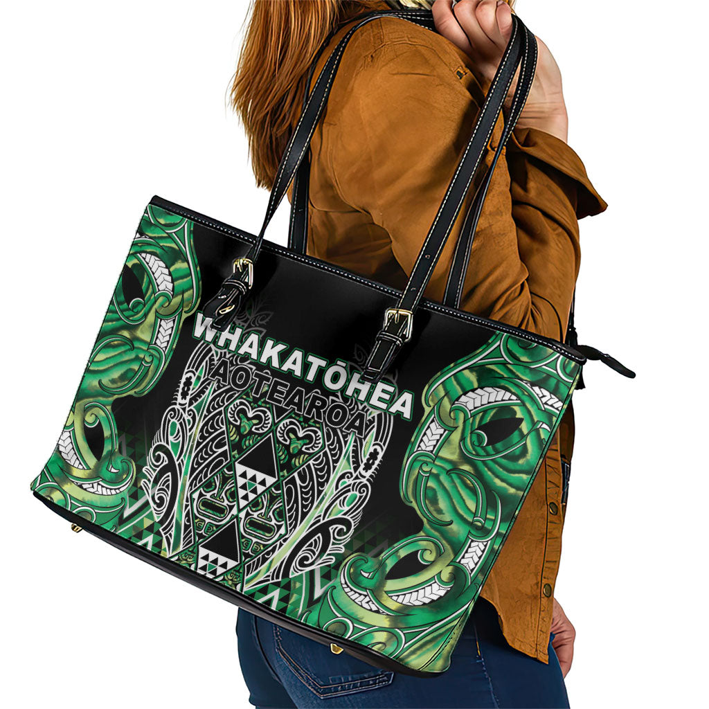 Aotearoa Whakatohea Leather Tote Bag Maori Tribal Green Abalone Paua Shell Pattern DT05 - Polynesian Pride
