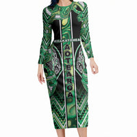Aotearoa Whakatohea Long Sleeve Bodycon Dress Maori Tribal Green Abalone Paua Shell Pattern DT05 Long Dress Green - Polynesian Pride