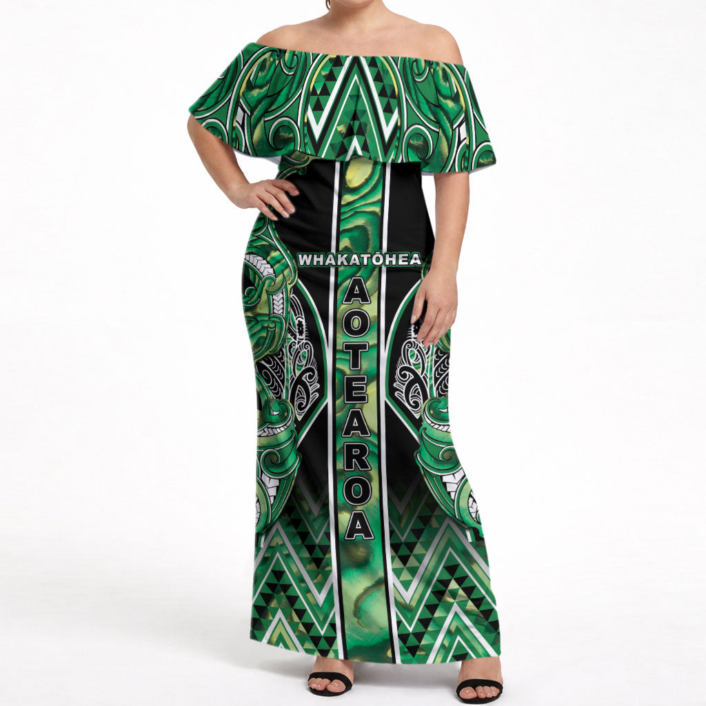 Aotearoa Whakatohea Off Shoulder Maxi Dress Maori Tribal Green Abalone Paua Shell Pattern DT05 Women Green - Polynesian Pride