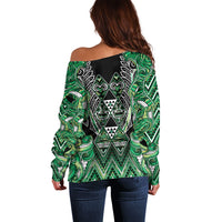 Aotearoa Whakatohea Off Shoulder Sweater Maori Tribal Green Abalone Paua Shell Pattern DT05 - Polynesian Pride