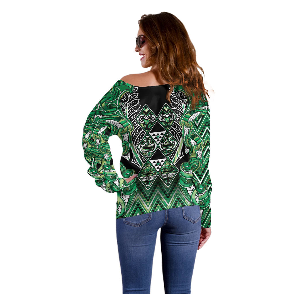 Aotearoa Whakatohea Off Shoulder Sweater Maori Tribal Green Abalone Paua Shell Pattern DT05 - Polynesian Pride