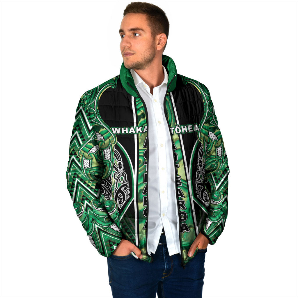 Aotearoa Whakatohea Padded Jacket Maori Tribal Green Abalone Paua Shell Pattern DT05 - Polynesian Pride