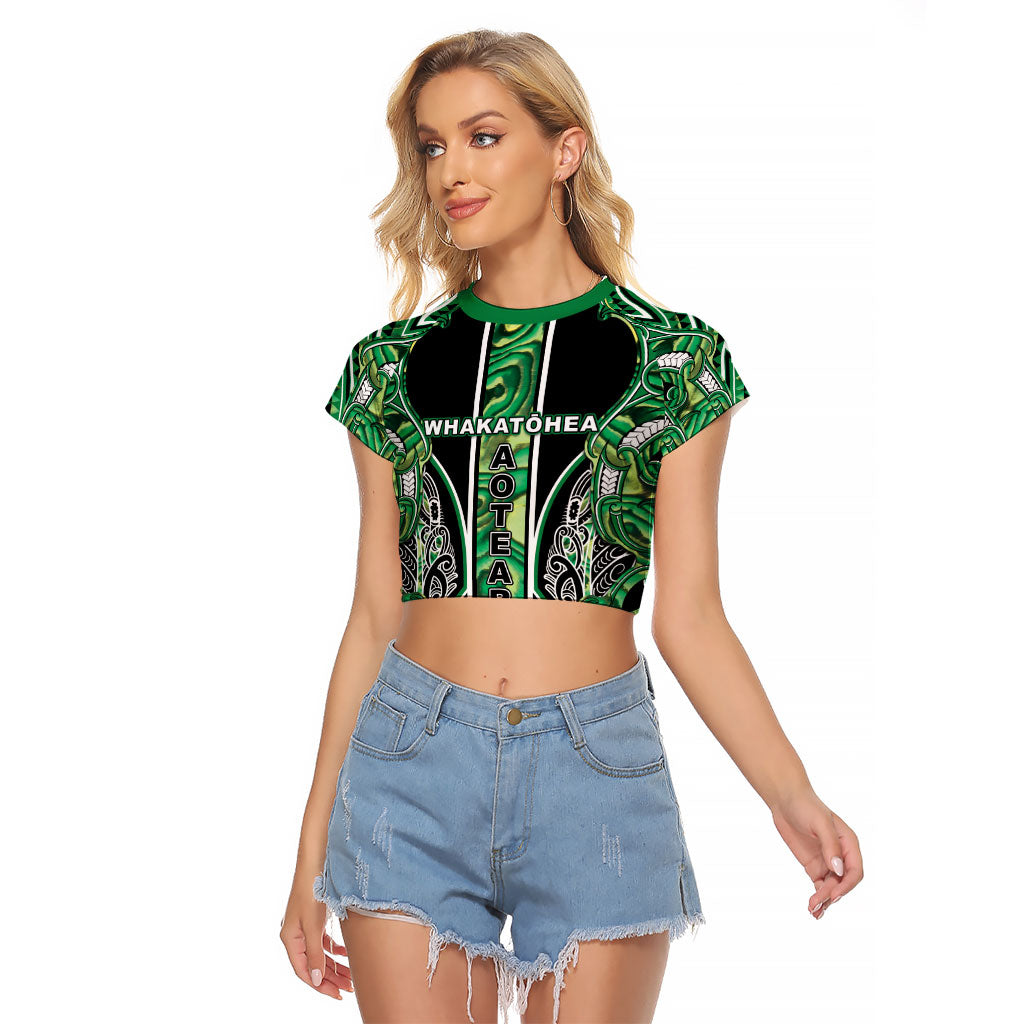 Aotearoa Whakatohea Raglan Cropped T Shirt Maori Tribal Green Abalone Paua Shell Pattern DT05 Female Green - Polynesian Pride