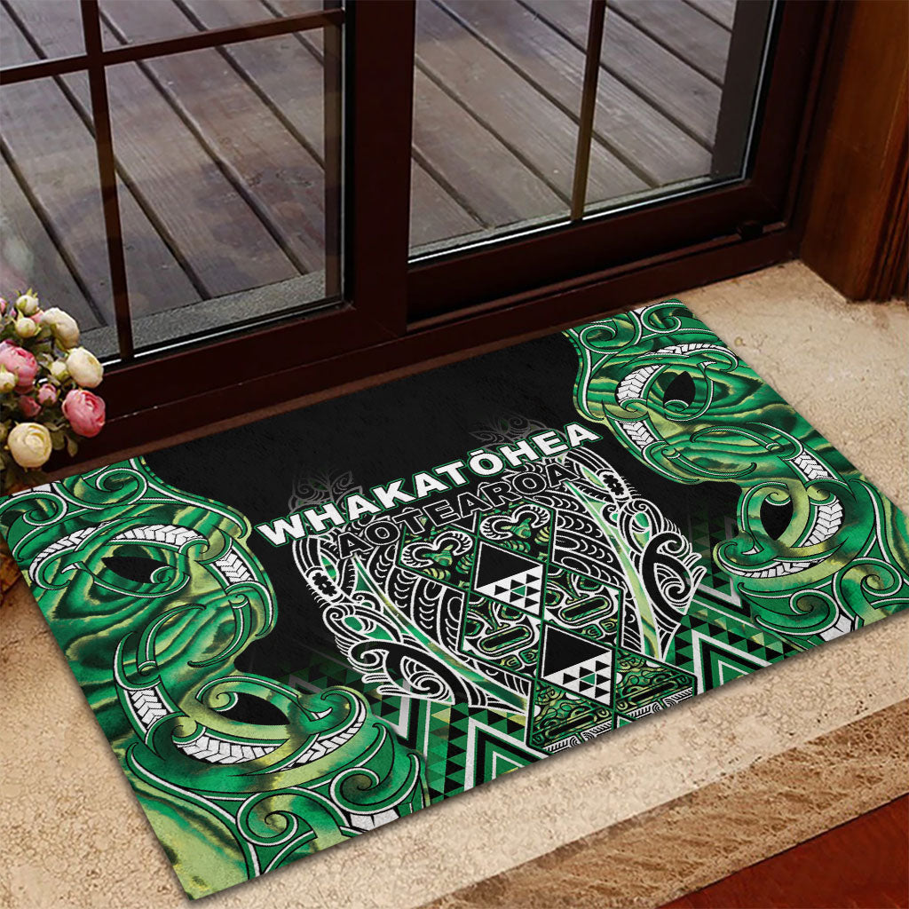 Aotearoa Whakatohea Rubber Doormat Maori Tribal Green Abalone Paua Shell Pattern DT05 - Polynesian Pride