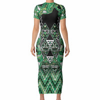 Aotearoa Whakatohea Short Sleeve Bodycon Dress Maori Tribal Green Abalone Paua Shell Pattern DT05 - Polynesian Pride
