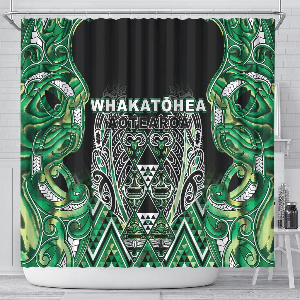 Aotearoa Whakatohea Shower Curtain Maori Tribal Green Abalone Paua Shell Pattern DT05 - Polynesian Pride