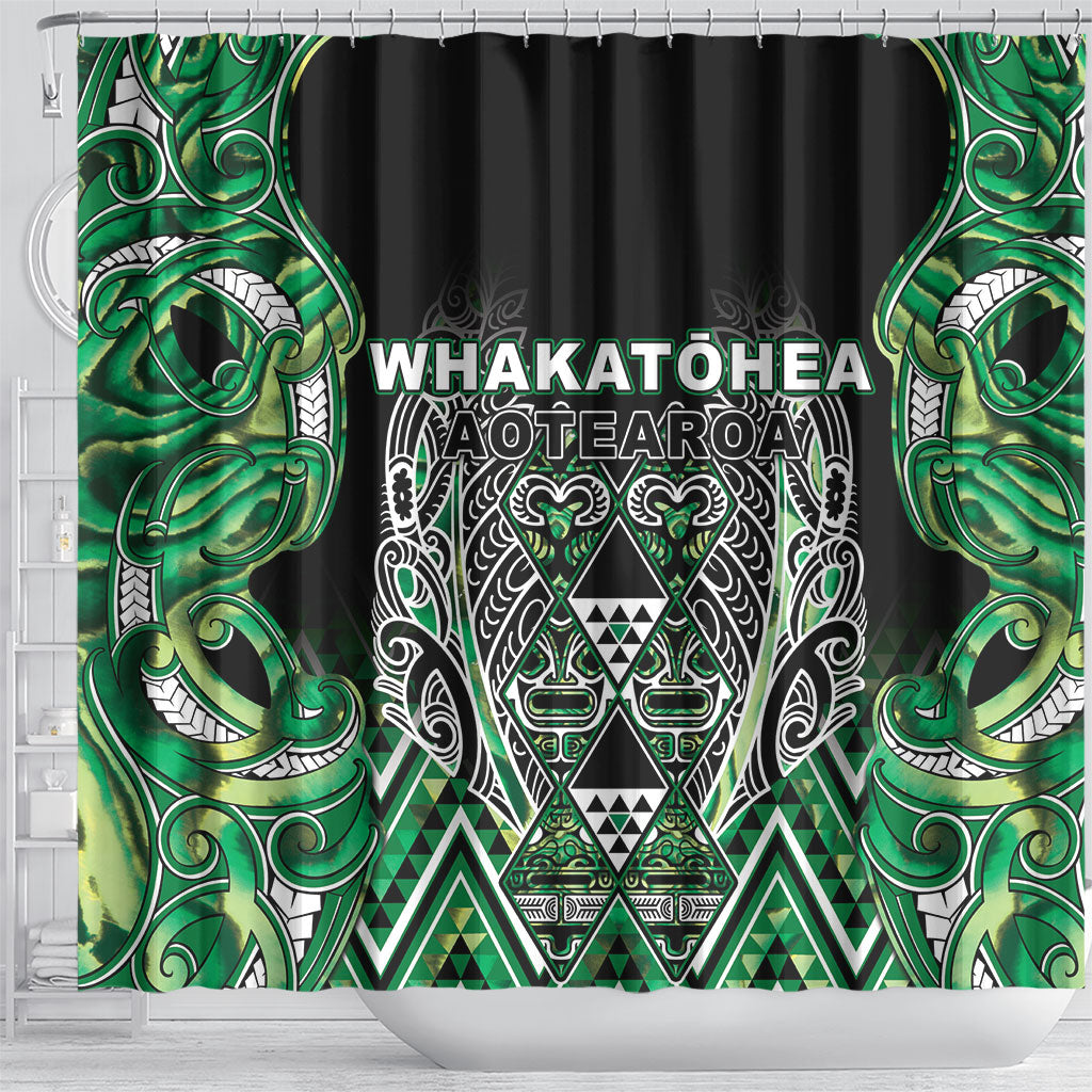 Aotearoa Whakatohea Shower Curtain Maori Tribal Green Abalone Paua Shell Pattern DT05 - Polynesian Pride