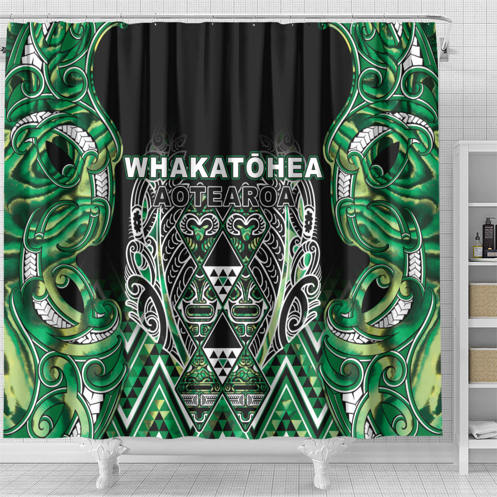Aotearoa Whakatohea Shower Curtain Maori Tribal Green Abalone Paua Shell Pattern DT05 - Polynesian Pride