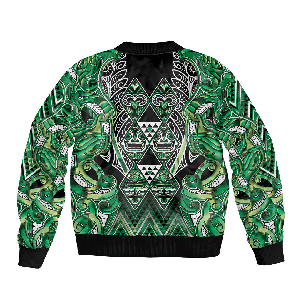 Aotearoa Whakatohea Sleeve Zip Bomber Jacket Maori Tribal Green Abalone Paua Shell Pattern DT05 - Polynesian Pride