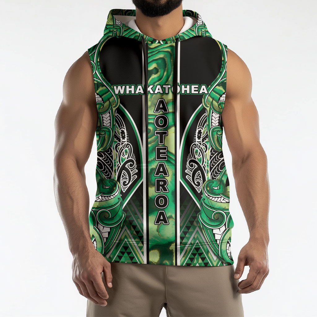 Aotearoa Whakatohea Sleeveless Hoodie Maori Tribal Green Abalone Paua Shell Pattern DT05 - Polynesian Pride