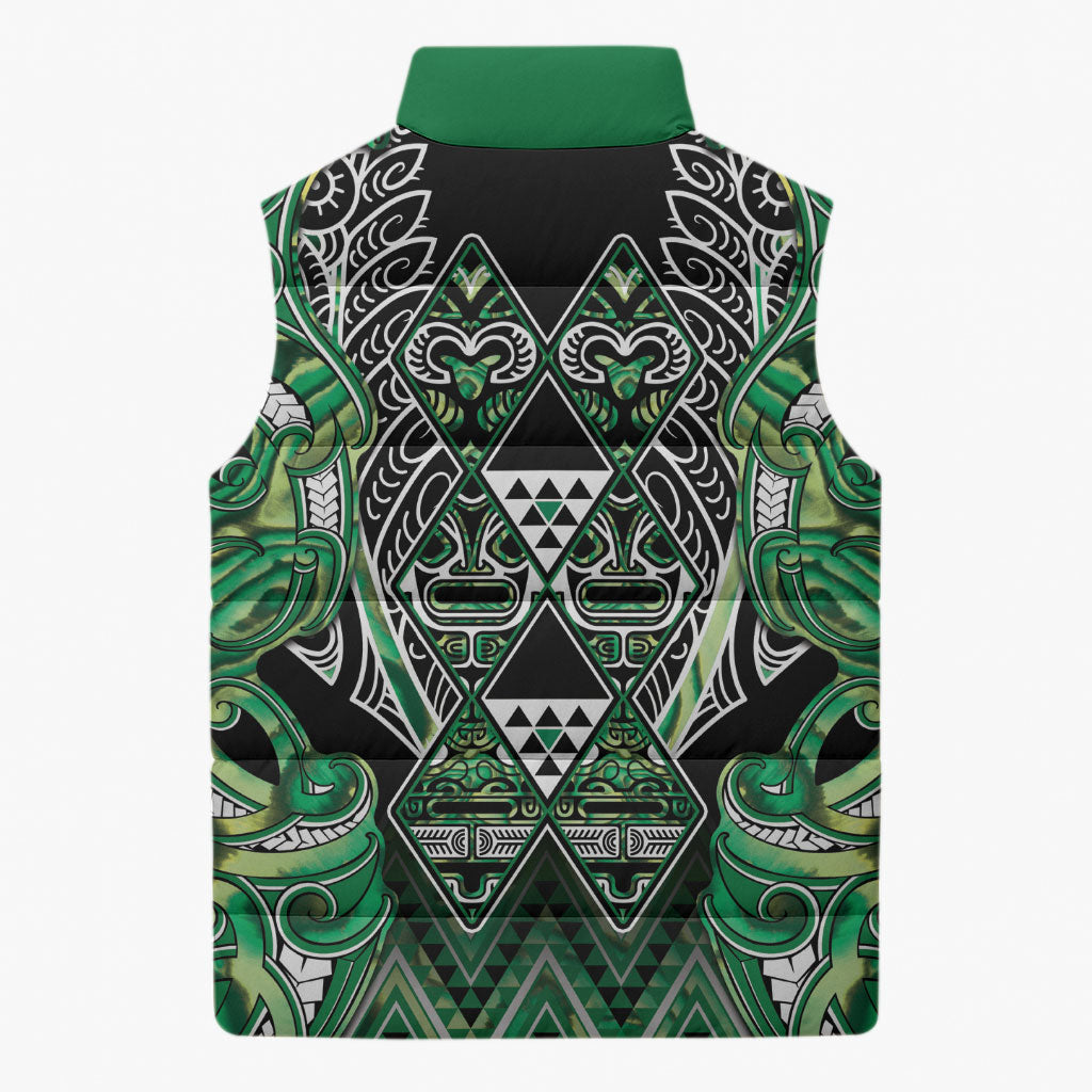 Aotearoa Whakatohea Sleeveless Puffer Jacket Maori Tribal Green Abalone Paua Shell Pattern DT05 - Polynesian Pride