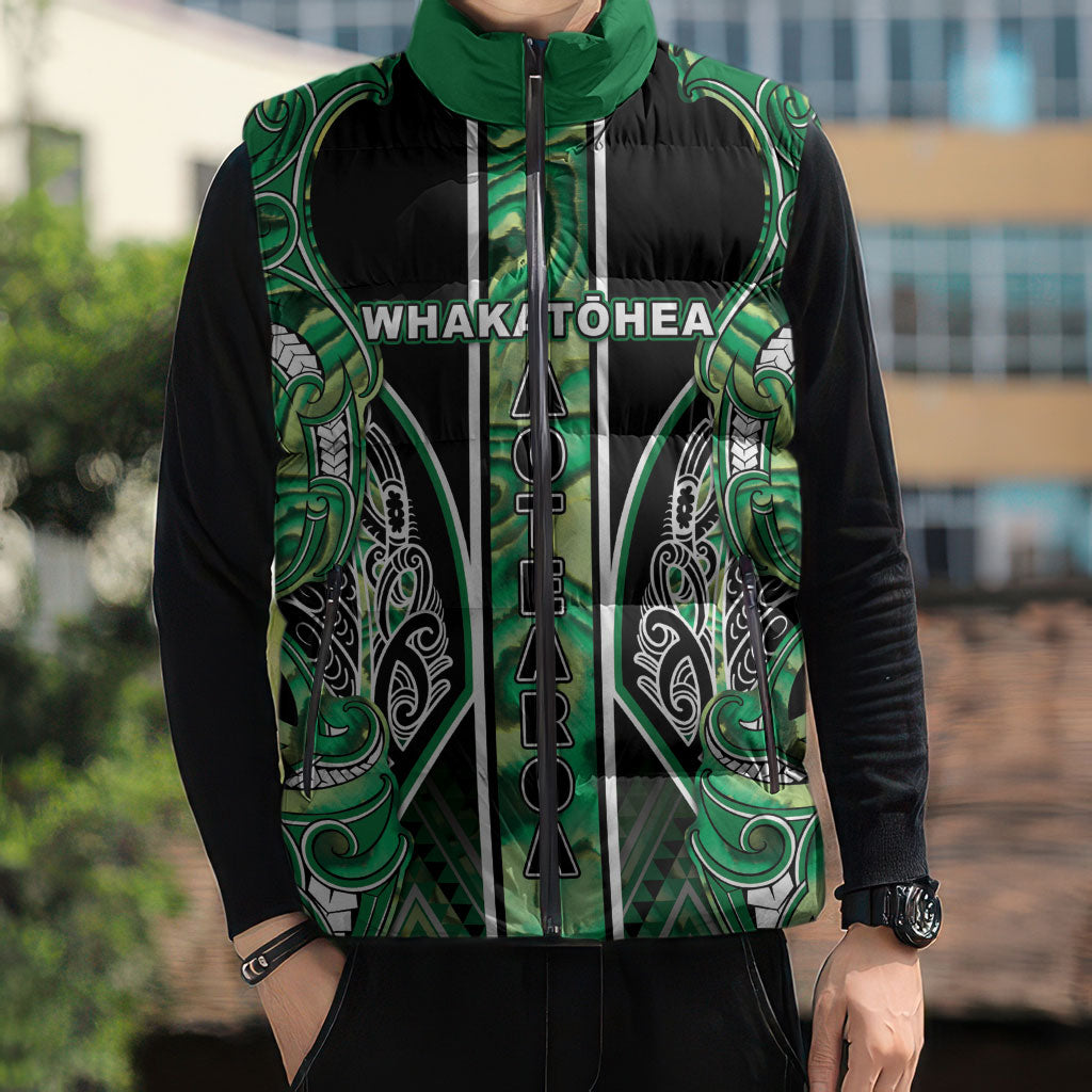 Aotearoa Whakatohea Sleeveless Puffer Jacket Maori Tribal Green Abalone Paua Shell Pattern DT05 - Polynesian Pride