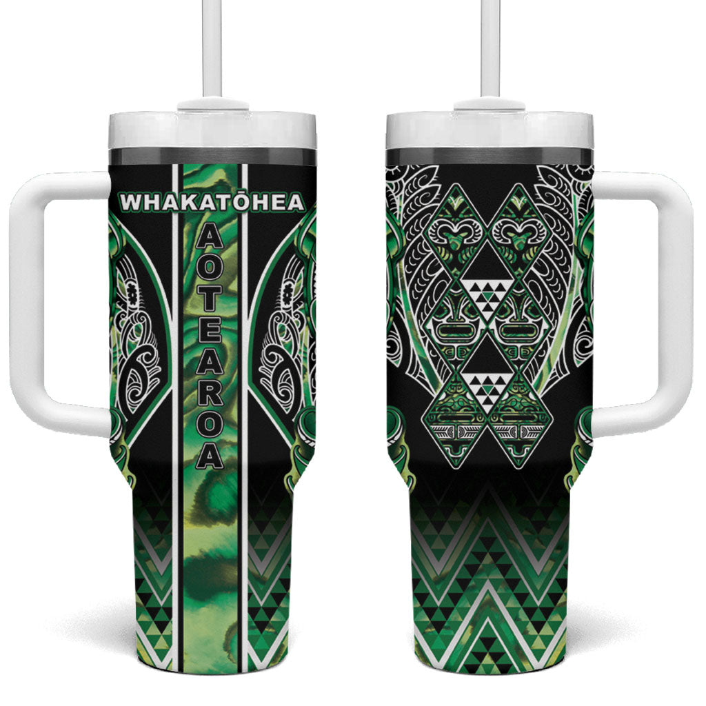 Aotearoa Whakatohea Tumbler With Handle Maori Tribal Green Abalone Paua Shell Pattern DT05 One Size: 40 oz Green - Polynesian Pride