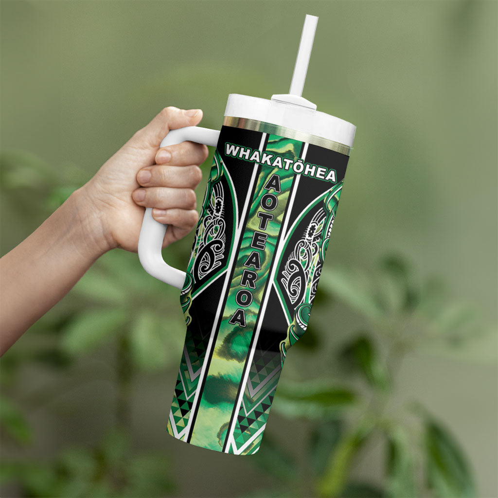 Aotearoa Whakatohea Tumbler With Handle Maori Tribal Green Abalone Paua Shell Pattern DT05 - Polynesian Pride