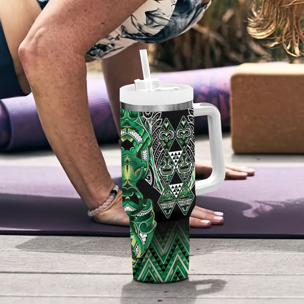 Aotearoa Whakatohea Tumbler With Handle Maori Tribal Green Abalone Paua Shell Pattern DT05 - Polynesian Pride