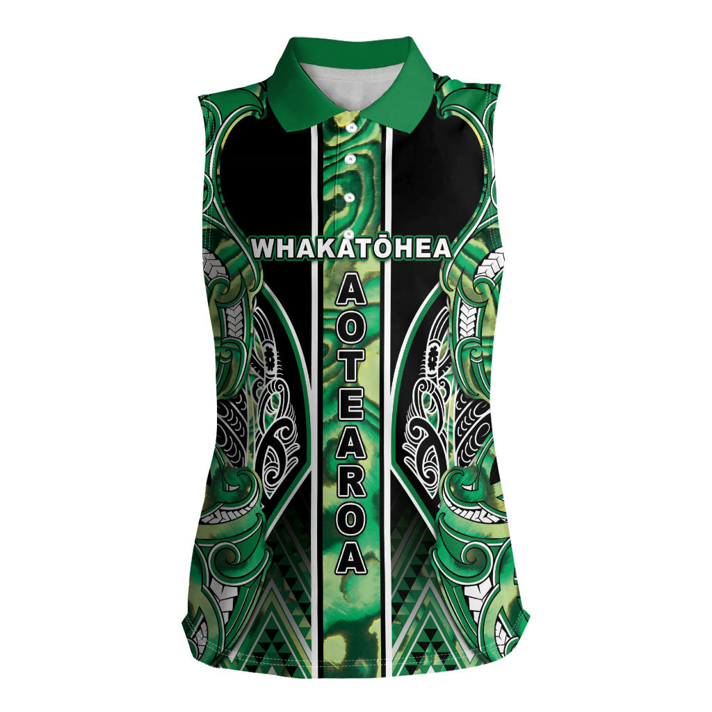 Aotearoa Whakatohea Women Sleeveless Polo Shirt Maori Tribal Green Abalone Paua Shell Pattern DT05 Female Green - Polynesian Pride