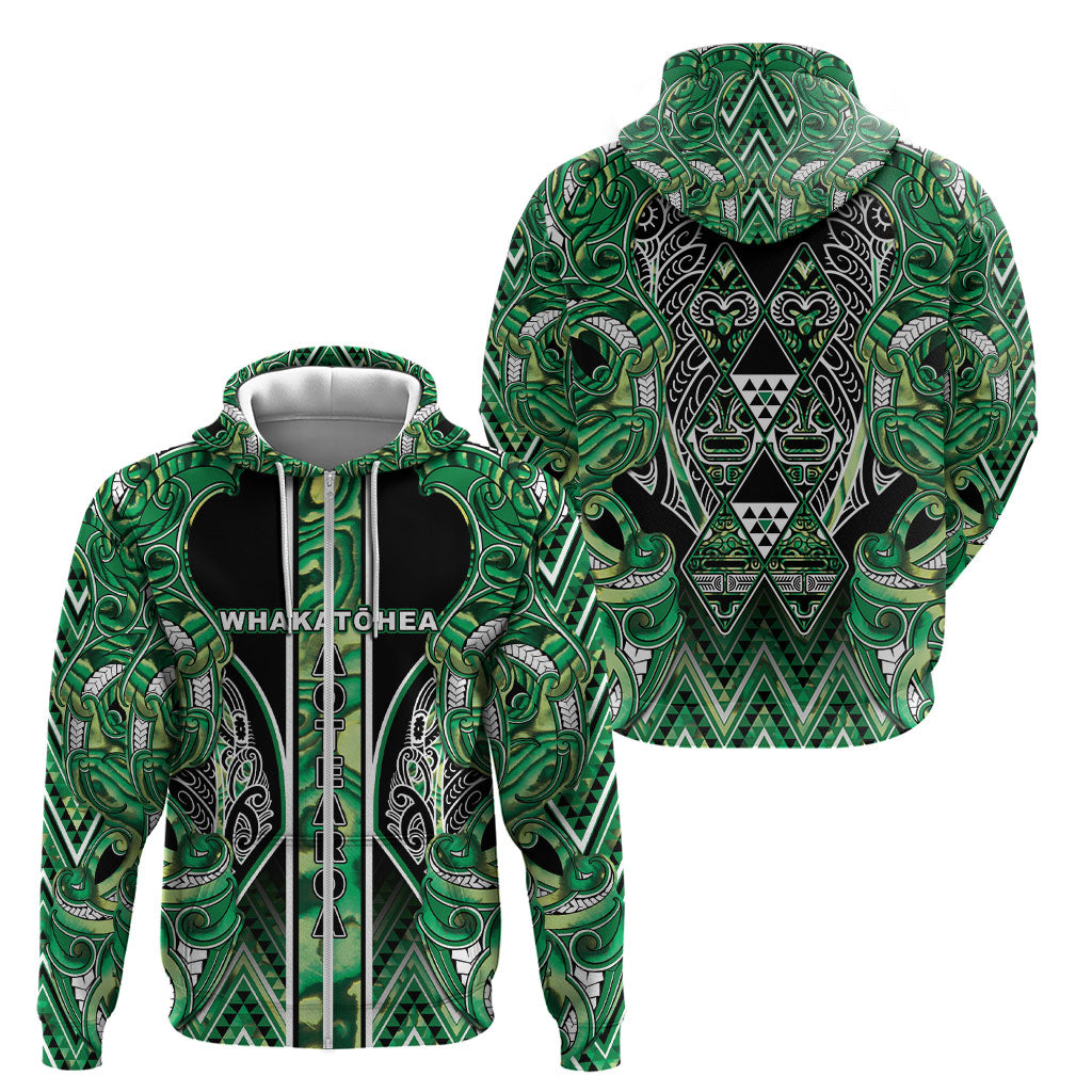 Aotearoa Whakatohea Zip Hoodie Maori Tribal Green Abalone Paua Shell Pattern DT05 - Polynesian Pride