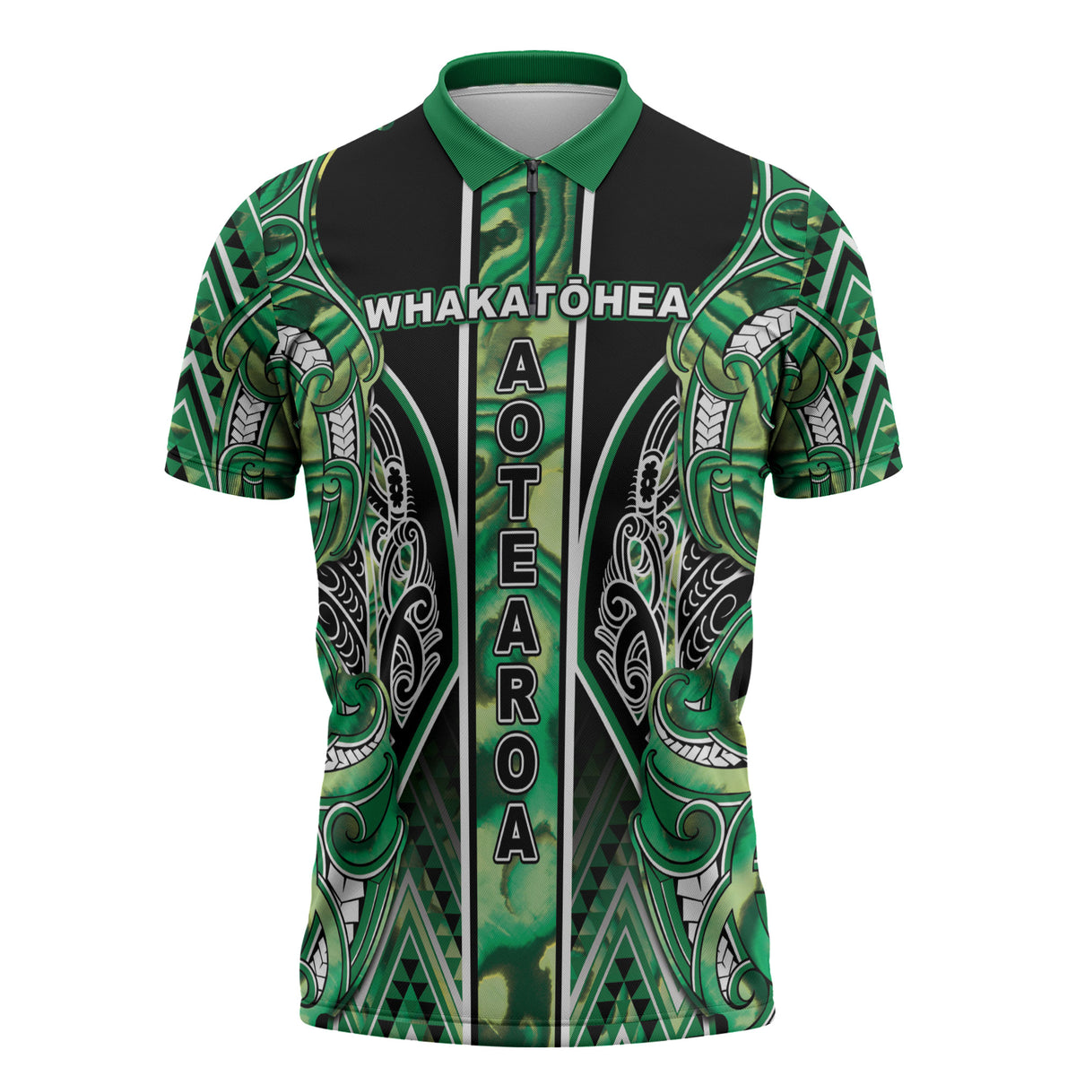 Aotearoa Whakatohea Zipper Polo Shirt Maori Tribal Green Abalone Paua Shell Pattern DT05 Green - Polynesian Pride