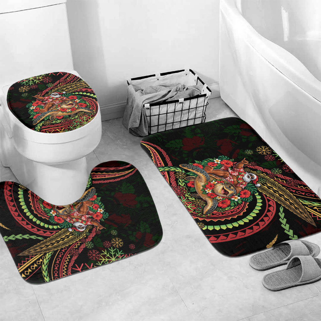 Hawaii Christmas Bathroom Set Aloha Santa Riding Honu DT05 Mat Set Only (3 pcs) One Size Black - Polynesian Pride