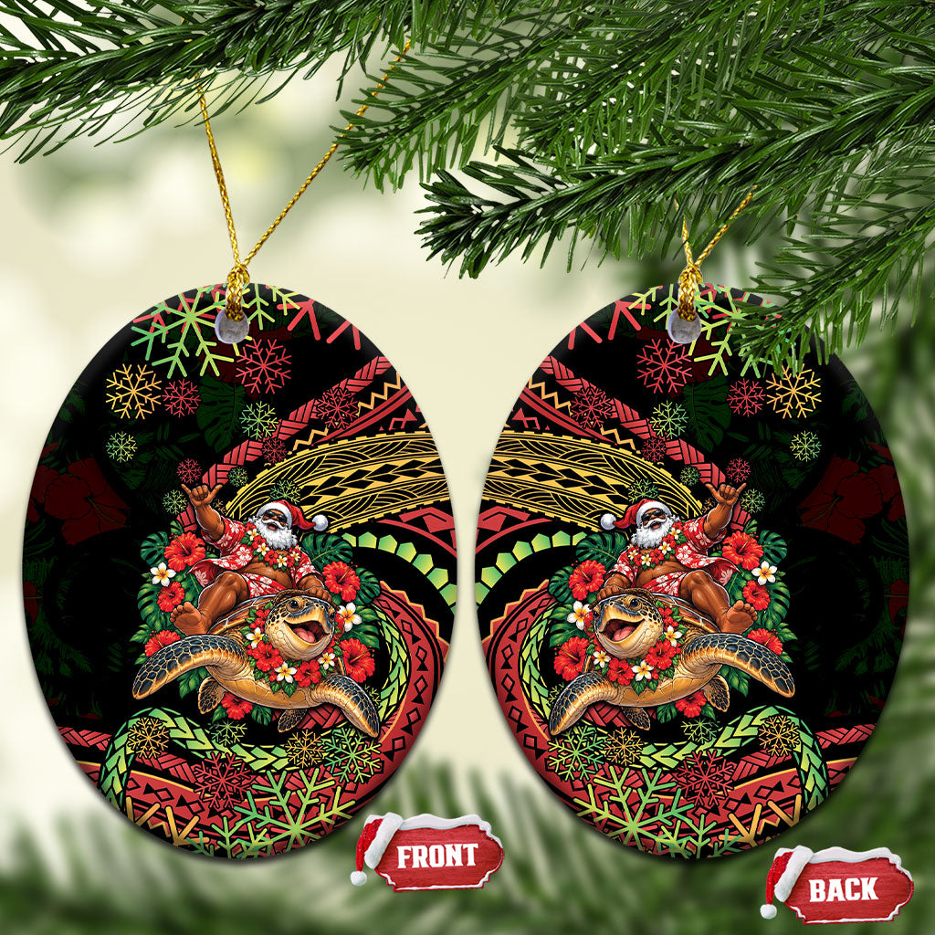 Hawaii Christmas Ceramic Ornament Aloha Santa Riding Honu DT05 Oval Black - Polynesian Pride