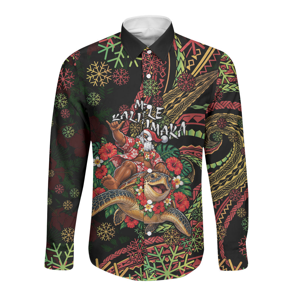 Hawaii Christmas Long Sleeve Button Shirt Aloha Santa Riding Honu DT05 Unisex Black - Polynesian Pride