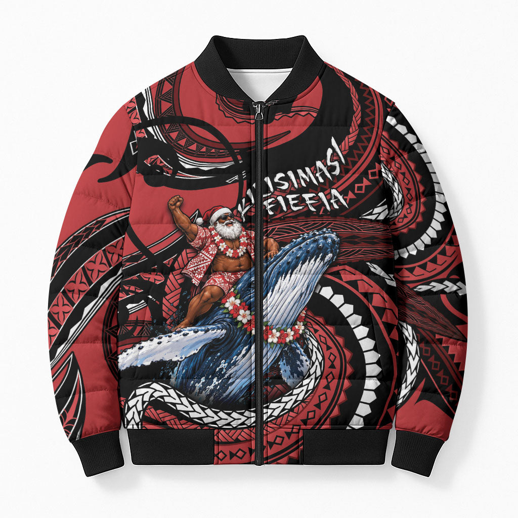 Tonga Christmas Bomber Puffer Jacket Santa Riding Humpback Whale DT05 Unisex Red - Polynesian Pride