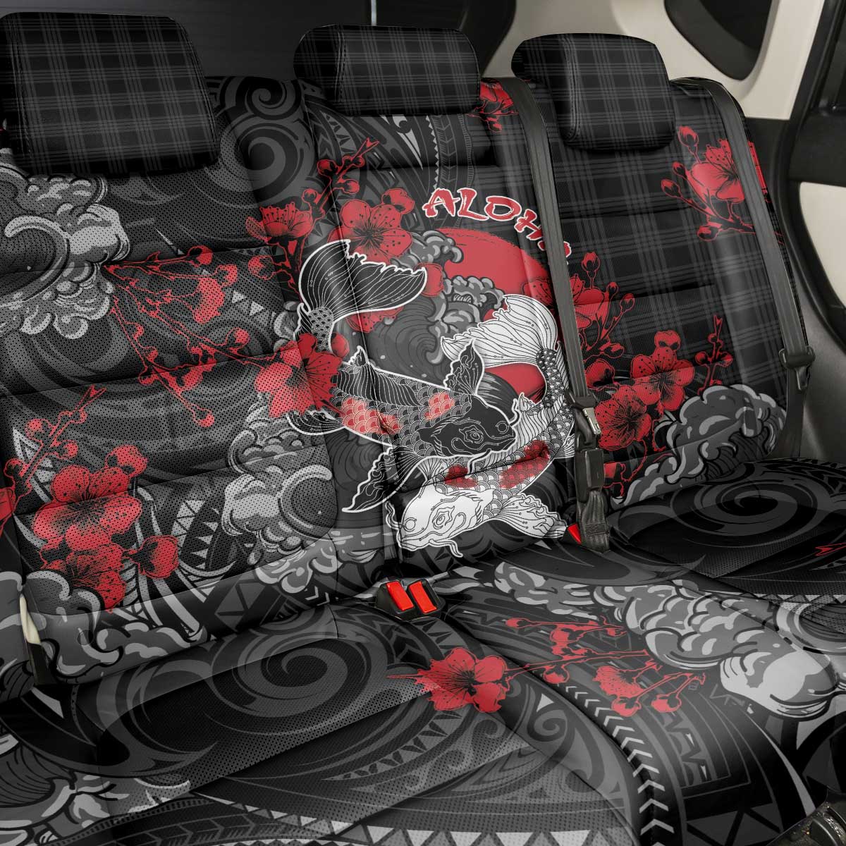 Hawaiian And Japanese Back Car Seat Cover Aloha Koi Fish Palaka Patterns - Polynesian Pride