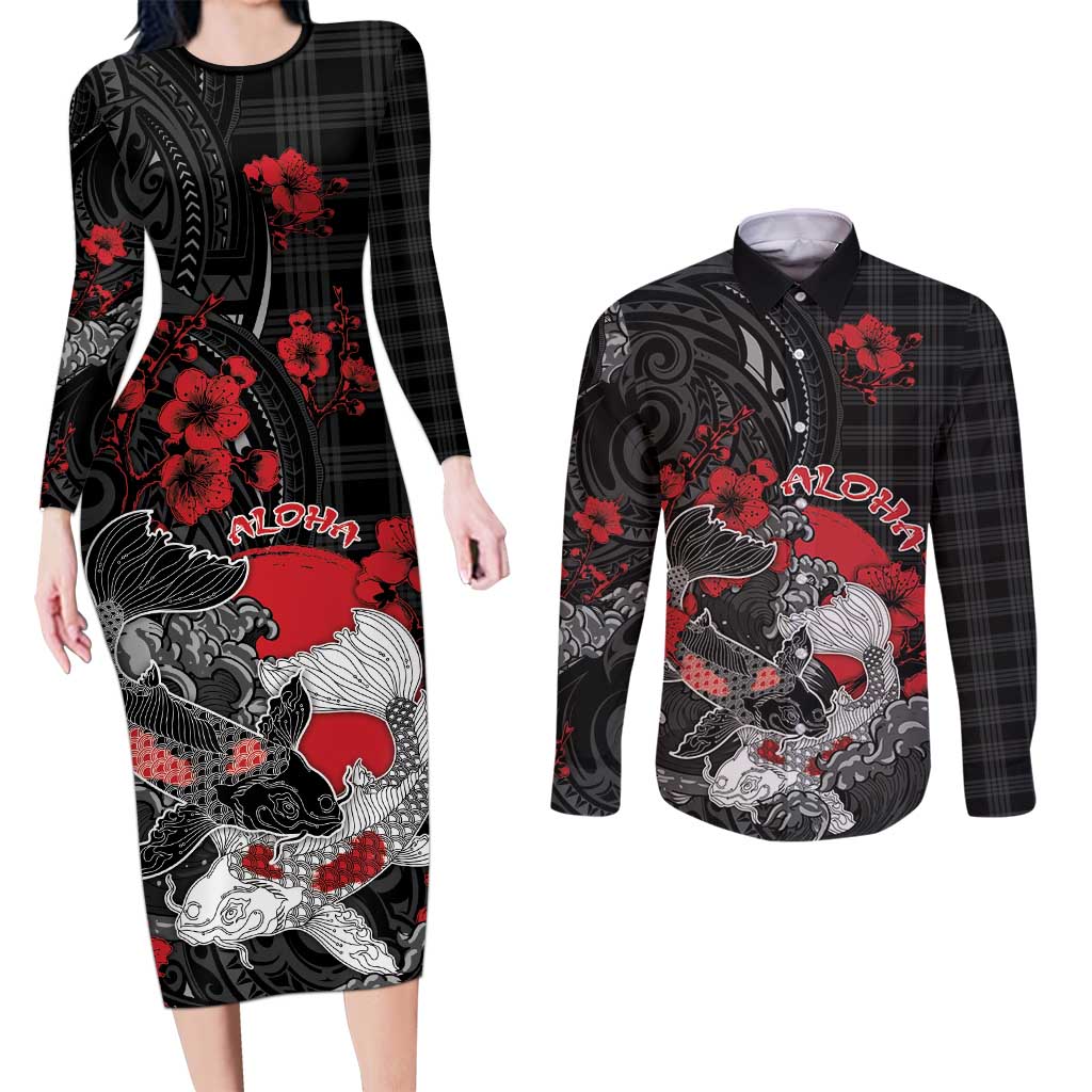 Personalised Hawaiian And Japanese Couples Matching Long Sleeve Bodycon Dress and Long Sleeve Button Shirt Aloha Koi Fish Palaka Patterns DT05 Black - Polynesian Pride