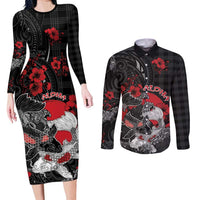 Personalised Hawaiian And Japanese Couples Matching Long Sleeve Bodycon Dress and Long Sleeve Button Shirt Aloha Koi Fish Palaka Patterns DT05 Black - Polynesian Pride