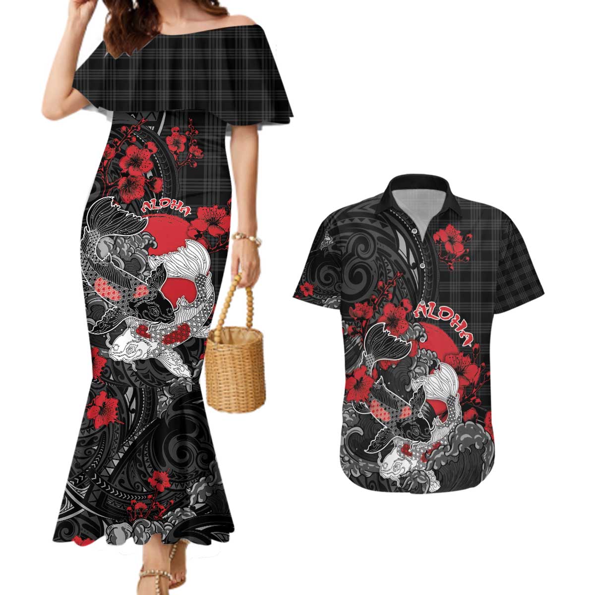Personalised Hawaiian And Japanese Couples Matching Mermaid Dress and Hawaiian Shirt Aloha Koi Fish Palaka Patterns DT05 Black - Polynesian Pride
