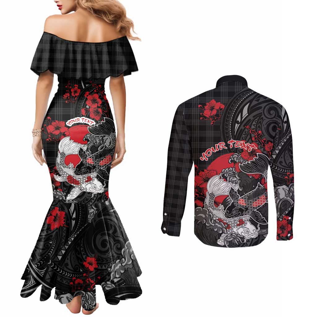 Personalised Hawaiian And Japanese Couples Matching Mermaid Dress and Long Sleeve Button Shirt Aloha Koi Fish Palaka Patterns DT05 - Polynesian Pride