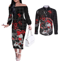Personalised Hawaiian And Japanese Couples Matching Off The Shoulder Long Sleeve Dress and Long Sleeve Button Shirt Aloha Koi Fish Palaka Patterns DT05 Black - Polynesian Pride