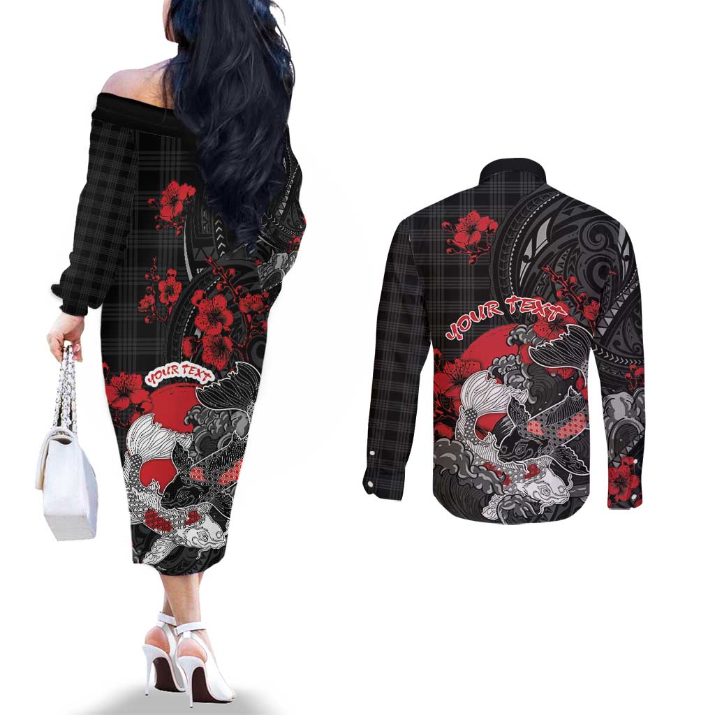 Personalised Hawaiian And Japanese Couples Matching Off The Shoulder Long Sleeve Dress and Long Sleeve Button Shirt Aloha Koi Fish Palaka Patterns DT05 - Polynesian Pride