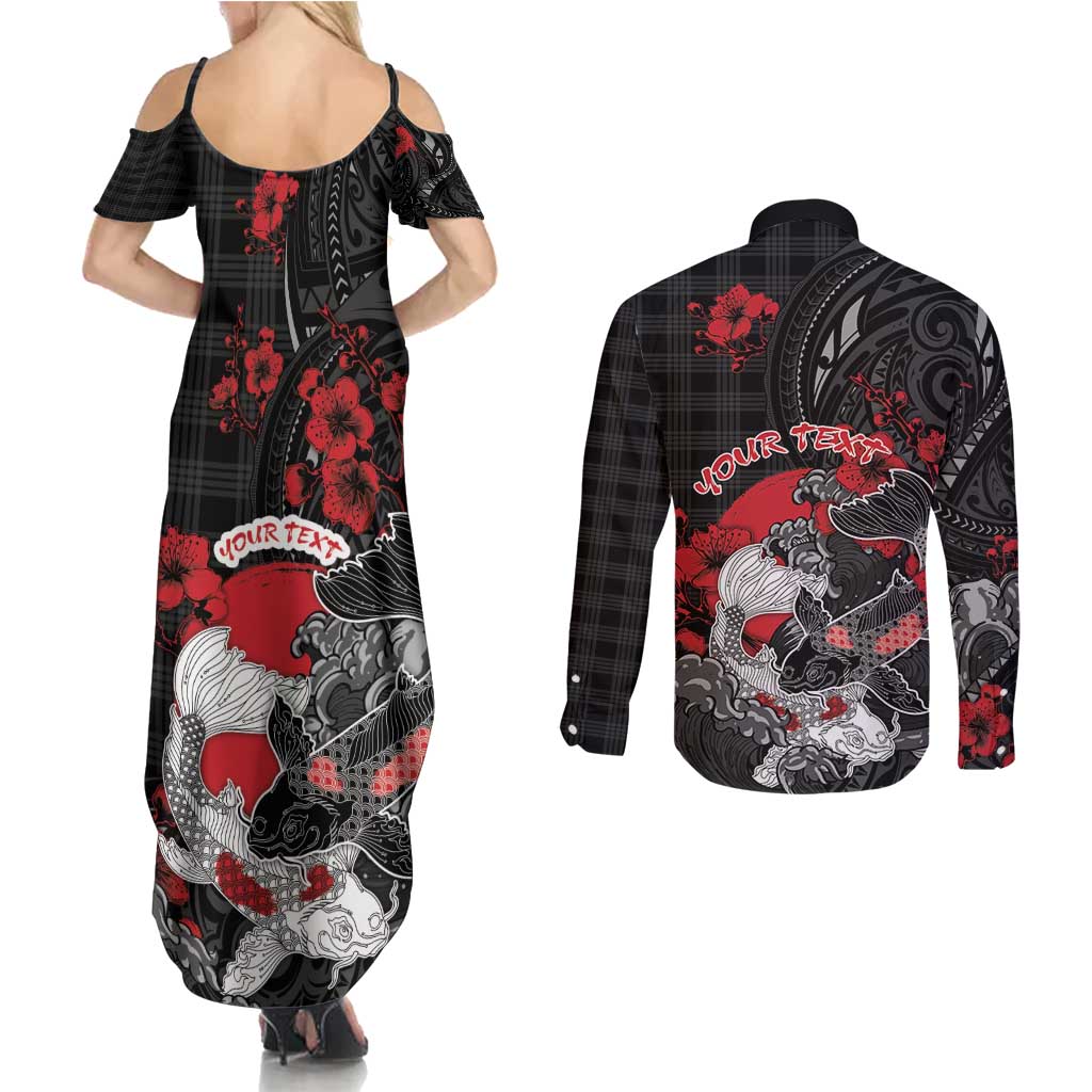 Personalised Hawaiian And Japanese Couples Matching Summer Maxi Dress and Long Sleeve Button Shirt Aloha Koi Fish Palaka Patterns - Polynesian Pride
