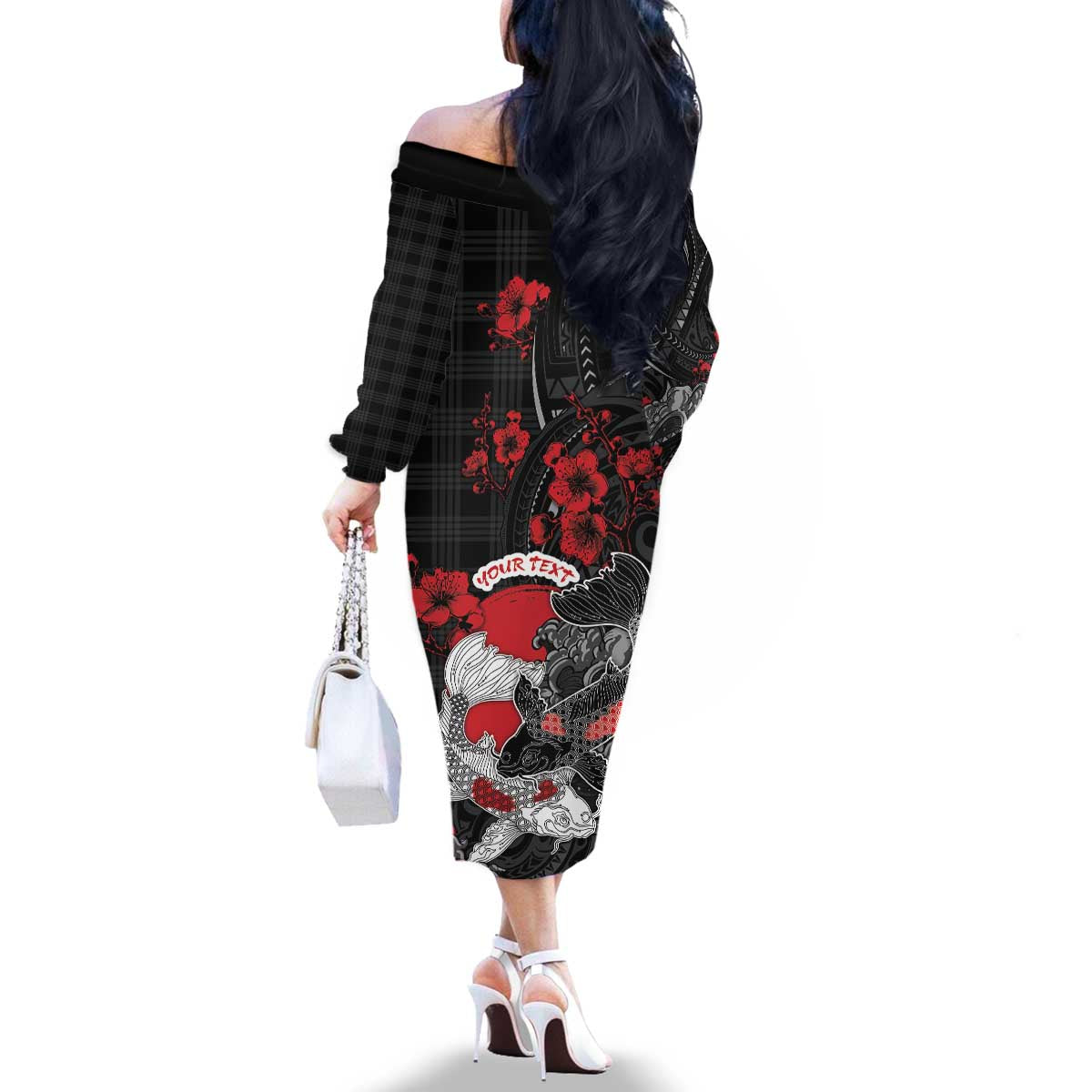 Personalised Hawaiian And Japanese Family Matching Off The Shoulder Long Sleeve Dress and Hawaiian Shirt Aloha Koi Fish Palaka Patterns - Polynesian Pride