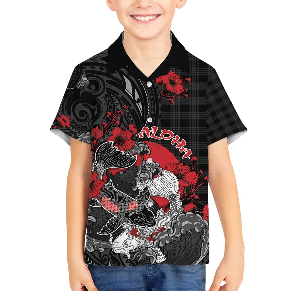 Personalised Hawaiian And Japanese Family Matching Off Shoulder Short Dress and Hawaiian Shirt Aloha Koi Fish Palaka Patterns - Polynesian Pride