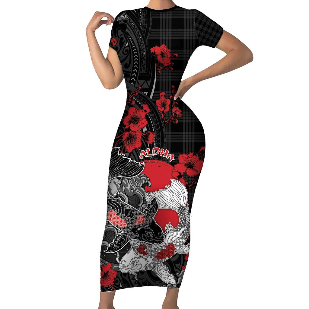 Personalised Hawaiian And Japanese Family Matching Short Sleeve Bodycon Dress and Hawaiian Shirt Aloha Koi Fish Palaka Patterns - Polynesian Pride