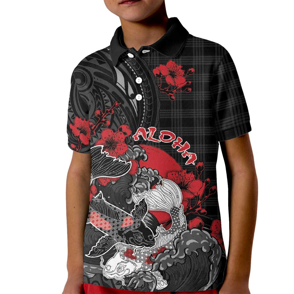 Personalised Hawaiian And Japanese Kid Polo Shirt Aloha Koi Fish Palaka Patterns DT05 Kid Black - Polynesian Pride